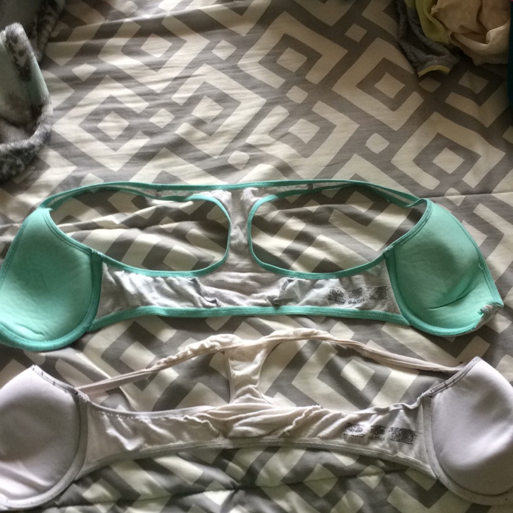 Two Razorback bras (white, teal & grey)